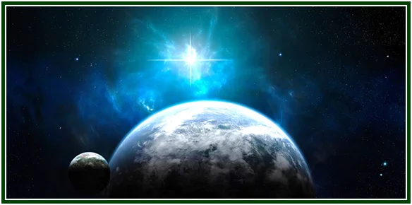 Vista do espaço com o planeta Terra, a Lua e uma estrela brilhante numa nebulosa azul, ilustrando a vontade criativa.