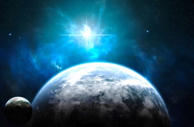 Vista do espaço com o planeta Terra, a Lua e uma estrela brilhante numa nebulosa azul, ilustrando a vontade criativa.