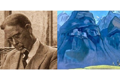 Imagem dupla com retrato de John Garrigues e pintura de montanha azul de Nicholas Roerich, ilustrando que uma vida limpa é o primeiro passo.