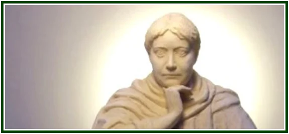 Busto de Helena Blavatsky em pose reflexiva com a mão no queixo, sob um halo de luz circular a ilustrar teosofia, o testemunho de uma descoberta.