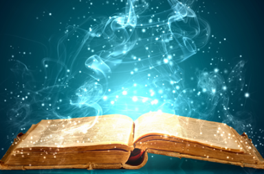 Livro antigo aberto emanando luz azul brilhante, faíscas douradas e fumo místico, ilustrando o processo da osmose oculta.