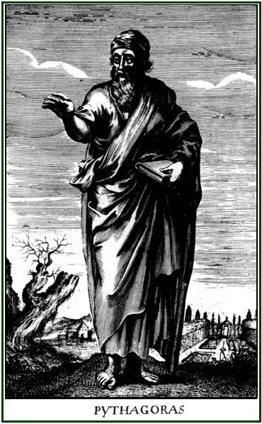 Gravura antiga de corpo inteiro de Pitágoras segurando um livro com a legenda Pythagoras para Os Versos de Ouro.
