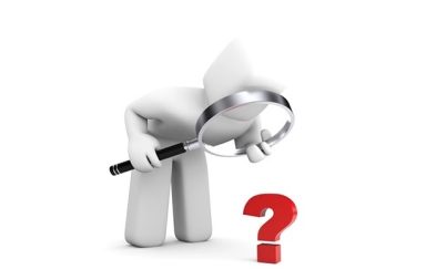Ilustração em 3D de uma figura branca usando uma lupa para examinar de perto um ponto de interrogação vermelho.