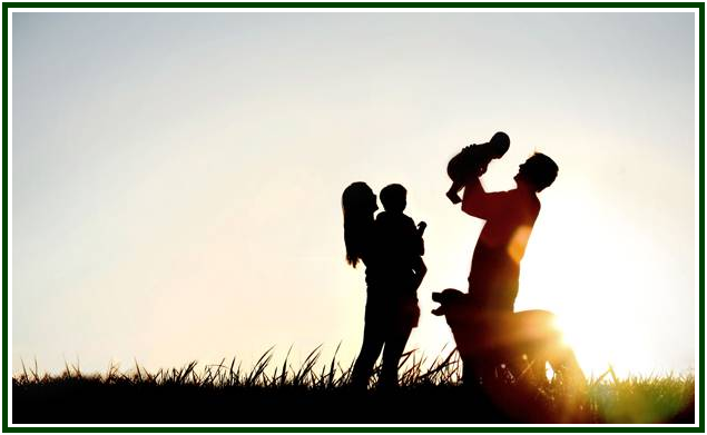 Silhueta escura ao pôr do sol de uma família num campo de relva, mostrando o pai a erguer um bebé no ar, a mãe a segurar uma criança ao colo e o cão de estimação ao lado, envoltos por um forte brilho solar contra o céu claro.