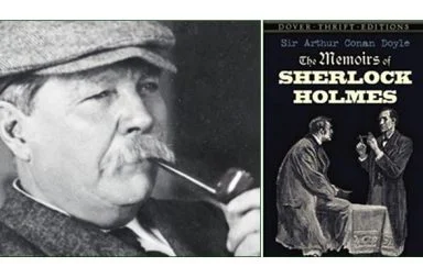Portrait of Arthur Conan Doyle with a pipe beside the book cover of The Memoirs of Sherlock Holmes, Dover edition.