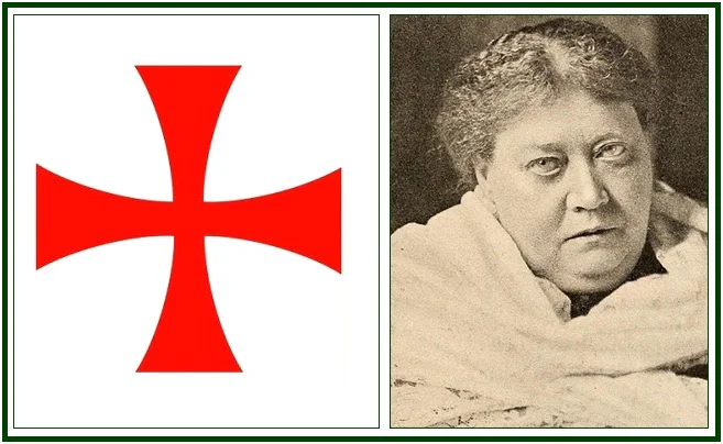 Cruz de los Caballeros Templarios roja junto al retrato clásico en sepia de Helena Blavatsky, fundadora del movimiento teosófico moderno.