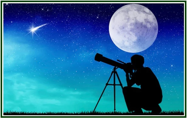 A black silhouette of a person kneeling and looking through a telescope on a tripod under a night sky with stars, a bright shooting star, and a large full moon, enclosed in a dark green border.