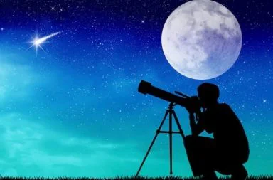 A black silhouette of a person kneeling and looking through a telescope on a tripod under a night sky with stars, a bright shooting star, and a large full moon.