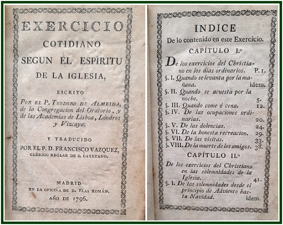 Duas páginas de um livro antigo de 1796 com o título Exercicio Cotidiano e o respetivo índice de capítulos, exemplificando a mística cristã.