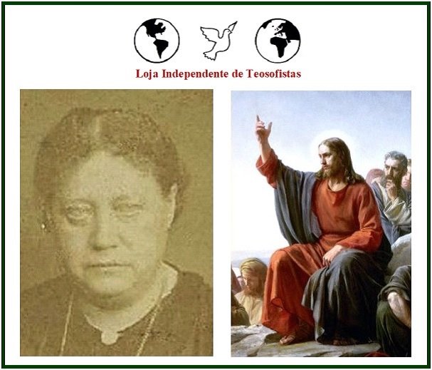 Logótipo da Loja Independente de Teosofistas sobreposto a um retrato de Helena Blavatsky e a uma pintura de Jesus Cristo, ilustrando a mística cristã.