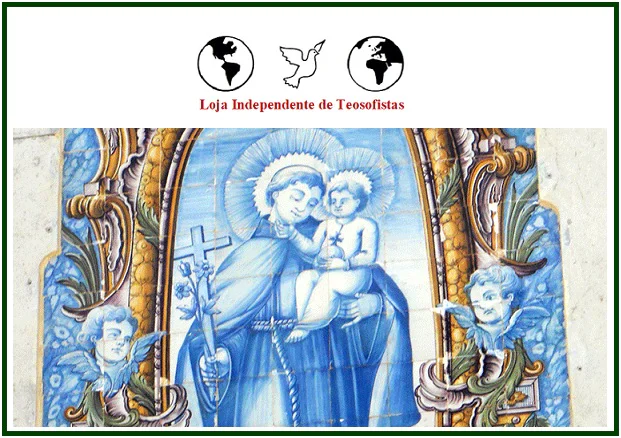 Logótipo da Loja Independente de Teosofistas com os globos terrestres e a pomba da paz, posicionado acima de um painel de azulejos tradicionais portugueses em tons de azul e branco que retrata Santo Antônio a segurar o Menino Jesus ao colo e uma cruz, ladeado por figuras de anjos querubins.