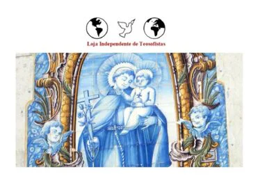 Logótipo da Loja Independente de Teosofistas com os globos terrestres e a pomba da paz, posicionado acima de um painel de azulejos tradicionais portugueses em tons de azul e branco que retrata Santo Antônio a segurar o Menino Jesus ao colo e uma cruz, ladeado por figuras de anjos querubins.