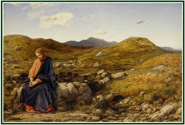 Pintura de Jesus Cristo no deserto, sentado sobre uma rocha em meditação solitária, cercado por colinas áridas e rochosas.