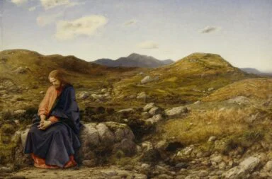 Pintura de Jesus Cristo no deserto, sentado sobre uma rocha em meditação solitária, cercado por colinas áridas e rochosas.