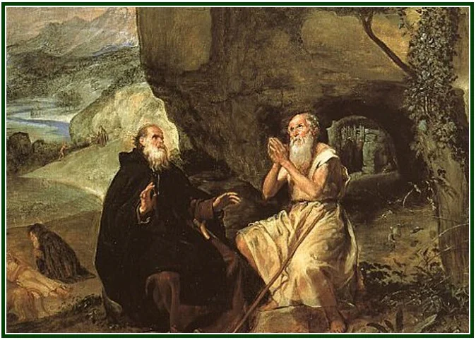 Pintura clássica de Diego Velázquez retratando Santo Antão com manto escuro e São Paulo Eremita com túnica clara sentados à entrada de uma gruta rochosa.