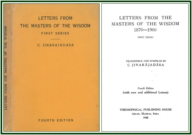 "Capa frontal e página de abertura da quarta edição de 1948 do livro Letters from the Masters of the Wisdom – First Series, ilustrando o artigo Thoughts Along the Road - 96 de Carlos Cardoso Aveline.