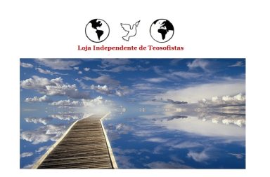 Logótipo da Loja Independente de Teosofistas com dois globos terrestres e uma pomba branca da paz, posicionado acima de uma imagem que mostra um passadiço de madeira estendendo-se sobre um lago calmo que reflete perfeitamente o céu azul com nuvens brancas.