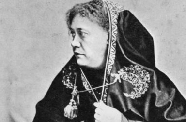 Portrait of Helena Blavatsky in profile wearing a dark shawl with geometric embroidery for a warning to all esotericists.
