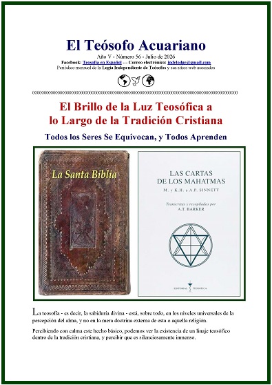 Capa de El Teósofo Acuariano de julio de 2026, que muestra imágenes de La Santa Biblia y el libro Las Cartas de los Mahatmas lado a lado.