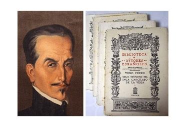 Retrato pintado do Inca Garcilaso de la Vega ao lado de volumes da Biblioteca de Autores Espanoles de 1965.