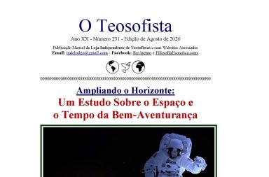Capa de O Teosofista de agosto de 2026 mostrando um astronauta a flutuar no espaço acima do planeta Terra.