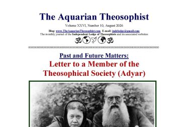 Front cover of The Aquarian Theosophist, August 2026, showing a historical black and white photograph of Helena Blavatsky and Henry Olcott.