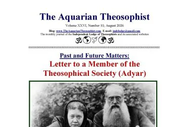 Front cover of The Aquarian Theosophist, August 2026, showing a historical black and white photograph of Helena Blavatsky and Henry Olcott.