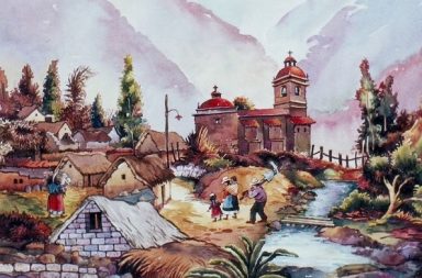 Pintura en acuarela de un pueblo andino simple de Reynaldo Charres Vargas, ilustrando por qué una aldea pobre resguarda la nobleza.