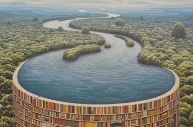 Uma imensa biblioteca circular na floresta que funciona como uma represa, representando a autodisciplina que transforma o fluxo de um rio em energia e força interior.