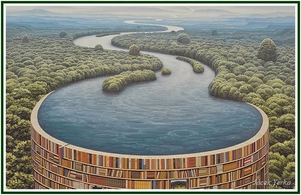 Uma imensa biblioteca circular na floresta que funciona como uma represa, representando a autodisciplina que transforma o fluxo de um rio em energia e força interior.