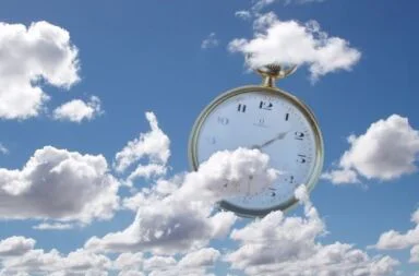 A clock floating between blue sky and clouds, symbolizing the passage of time and mortality in Shakespeare's Seven Ages of Man.