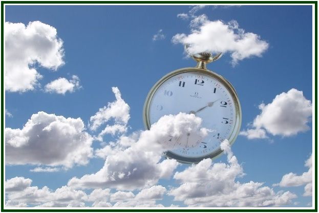 A clock floating between blue sky and clouds, symbolizing the passage of time and mortality in Shakespeare's Seven Ages of Man.